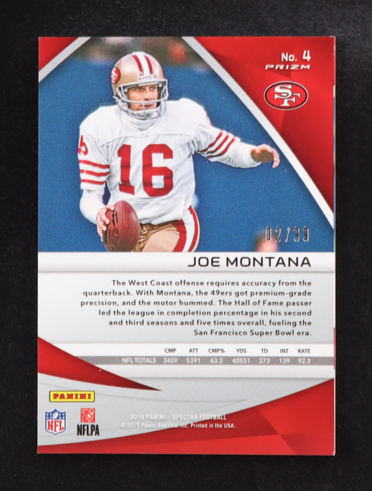 Joe Montana 2019 Panini Prizm Spectra #4 #02/99 at PristineAuction.com Joe Montana 2019 Panini Prizm Spectra #4 #02/99 at PristineAuction.com