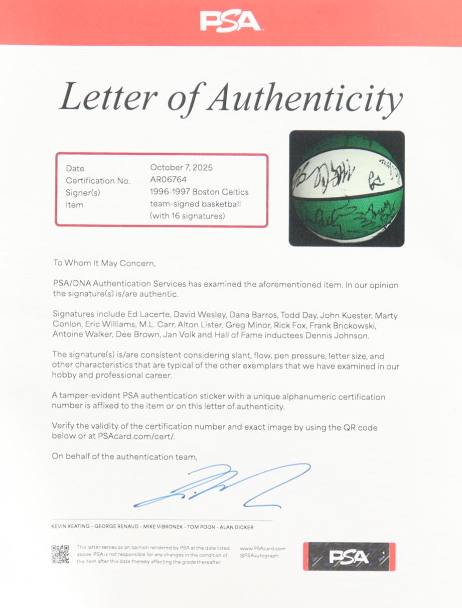 1996-97 Celtics Logo Basketball Team-Signed by (16) with David Wesley, Dana Barros, Todd Day & John Kuester with Display Case (PSA) at PristineAuction.com 1996-97 Celtics Logo Basketball Team-Signed by (16) with David Wesley, Dana Barros, Todd Day & John Kuester with Display Case (PSA) at PristineAuction.com