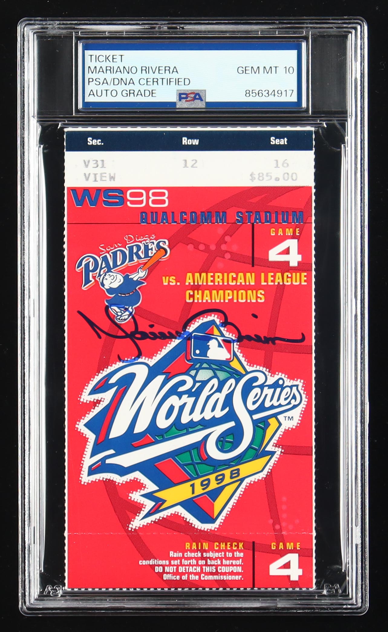 Mariano Rivera Signed 1998 World Series Ticket (PSA 10) at PristineAuction.com Mariano Rivera Signed 1998 World Series Ticket (PSA 10) at PristineAuction.com
