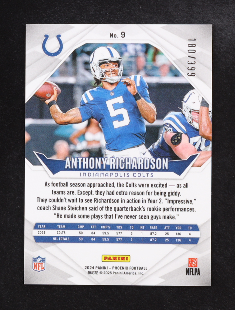 Anthony Richardson 2024 Panini Phoenix #9 #180/399 at PristineAuction.com Anthony Richardson 2024 Panini Phoenix #9 #180/399 at PristineAuction.com