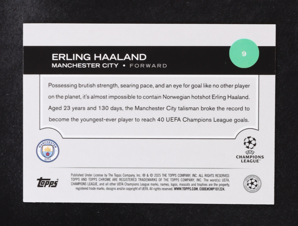 Erling Haaland 2025 Topps Chrome UEFA Club Competitions #9 #001/175 at PristineAuction.com Erling Haaland 2025 Topps Chrome UEFA Club Competitions #9 #001/175 at PristineAuction.com