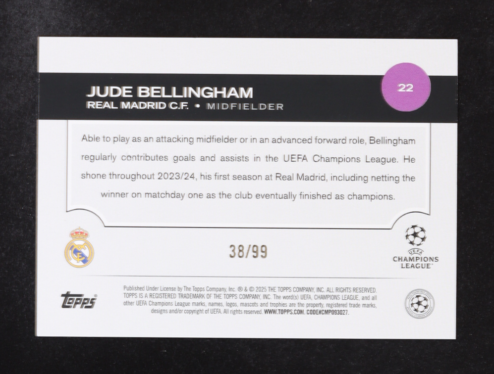 Jude Bellingham 2025 Topps UEFA Champions League #22 #38/99 at PristineAuction.com Jude Bellingham 2025 Topps UEFA Champions League #22 #38/99 at PristineAuction.com
