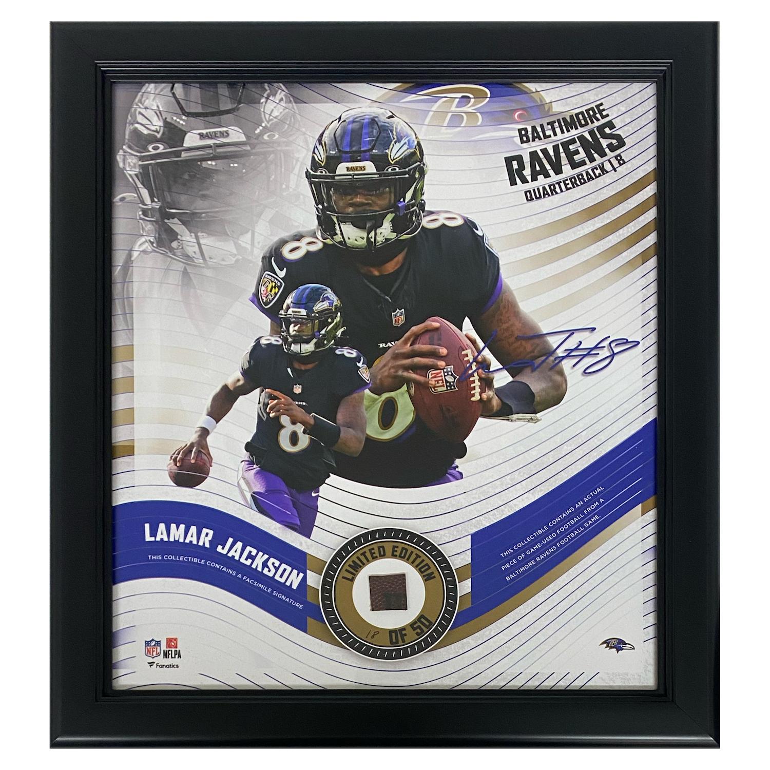 Lamar Jackson Ravens LE Custom Framed Display with Piece of Game-Used Football at PristineAuction.com Lamar Jackson Ravens LE Custom Framed Display with Piece of Game-Used Football at PristineAuction.com