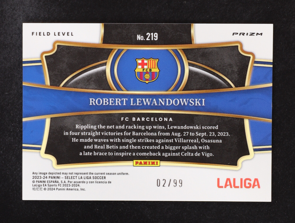 Robert Lewandowski 2023-24 Select Panini La Liga Prizm Field Level #219 #02/99 at PristineAuction.com Robert Lewandowski 2023-24 Select Panini La Liga Prizm Field Level #219 #02/99 at PristineAuction.com