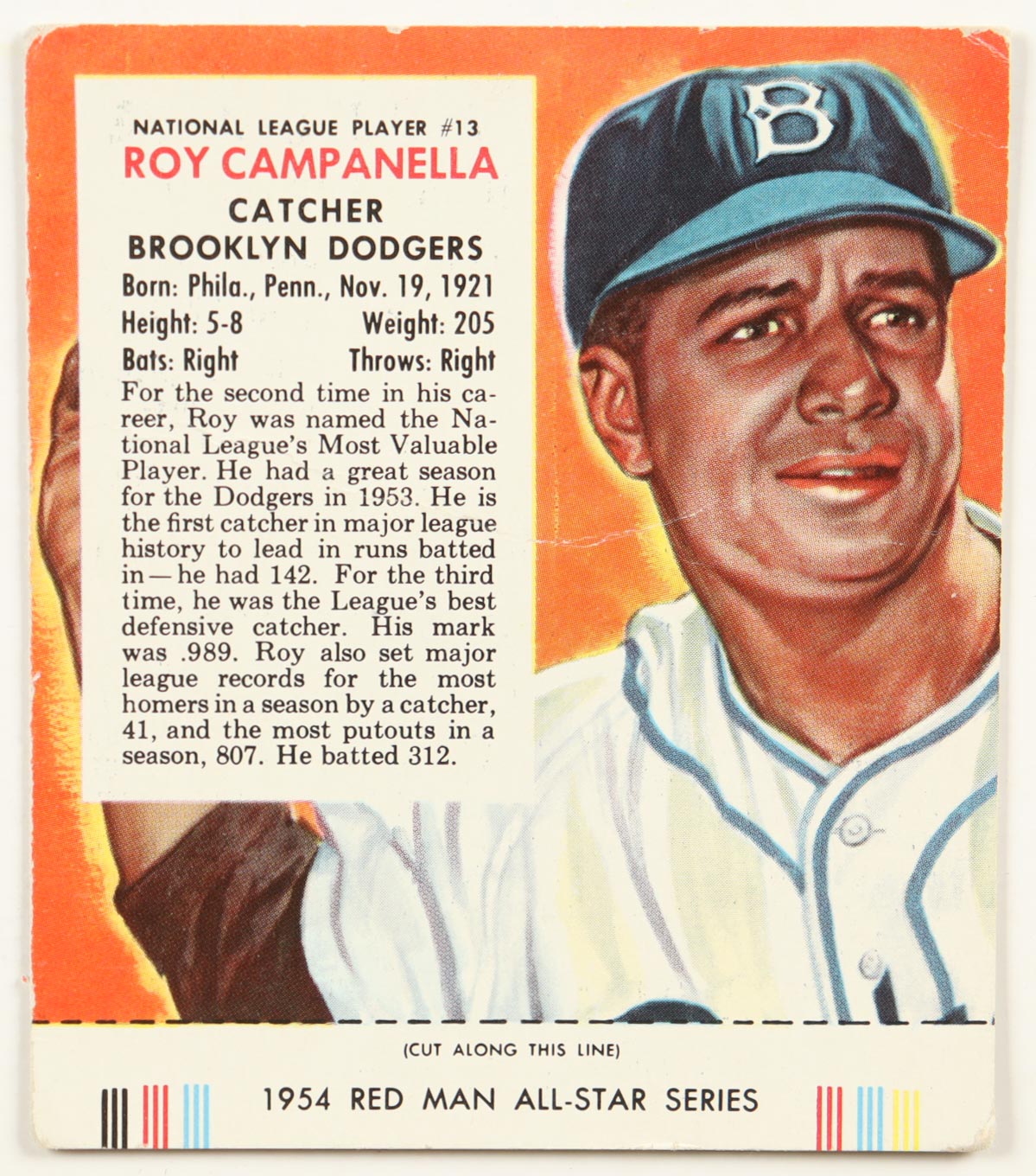 Roy Campanella 1954 Red Man with Tab Attached at PristineAuction.com Roy Campanella 1954 Red Man with Tab Attached at PristineAuction.com