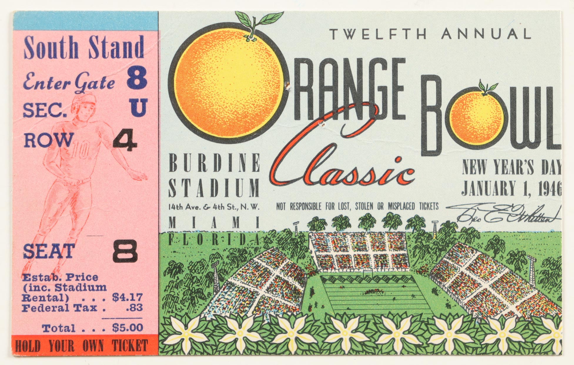 1946 Original Orange Bowl Ticket at PristineAuction.com 1946 Original Orange Bowl Ticket at PristineAuction.com