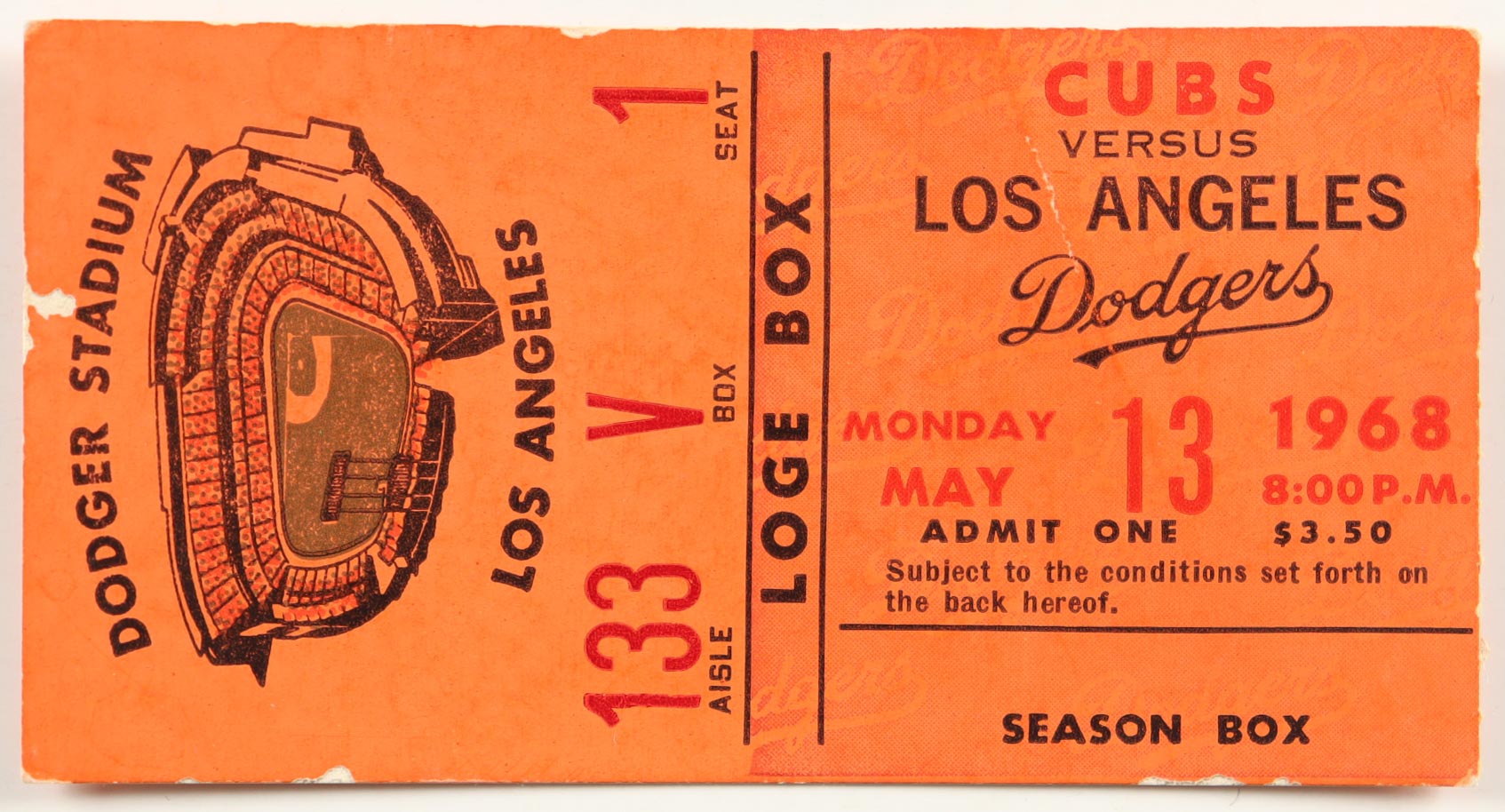 1968 Cubs vs Dodgers Game Ticket at PristineAuction.com 1968 Cubs vs Dodgers Game Ticket at PristineAuction.com