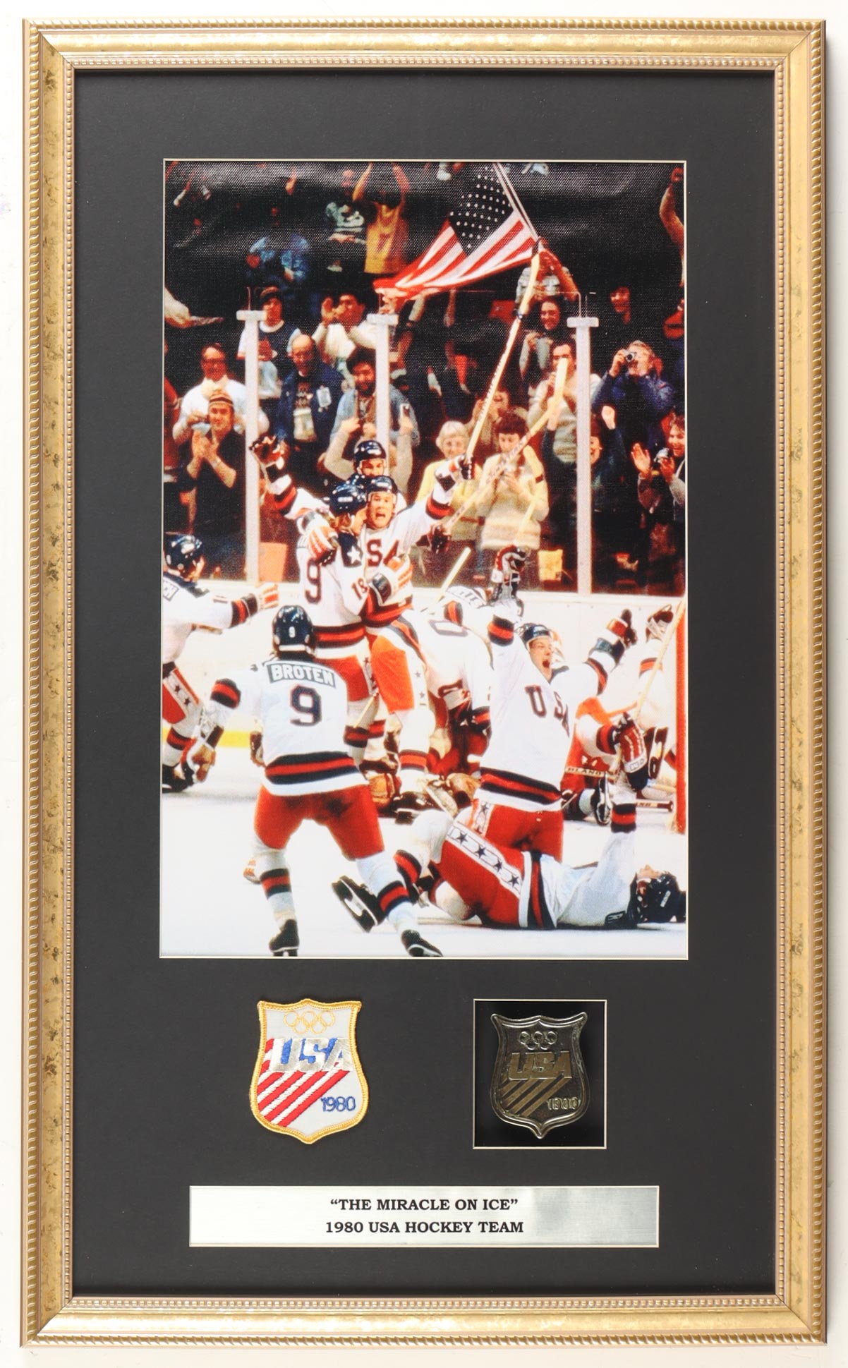"The Miracle on Ice" Custom Framed Canvas Art Print Display with 1980 Olympic Brass Emblem & 1980 Olympic Cloth Patch at PristineAuction.com "The Miracle on Ice" Custom Framed Canvas Art Print Display with 1980 Olympic Brass Emblem & 1980 Olympic Cloth Patch at PristineAuction.com