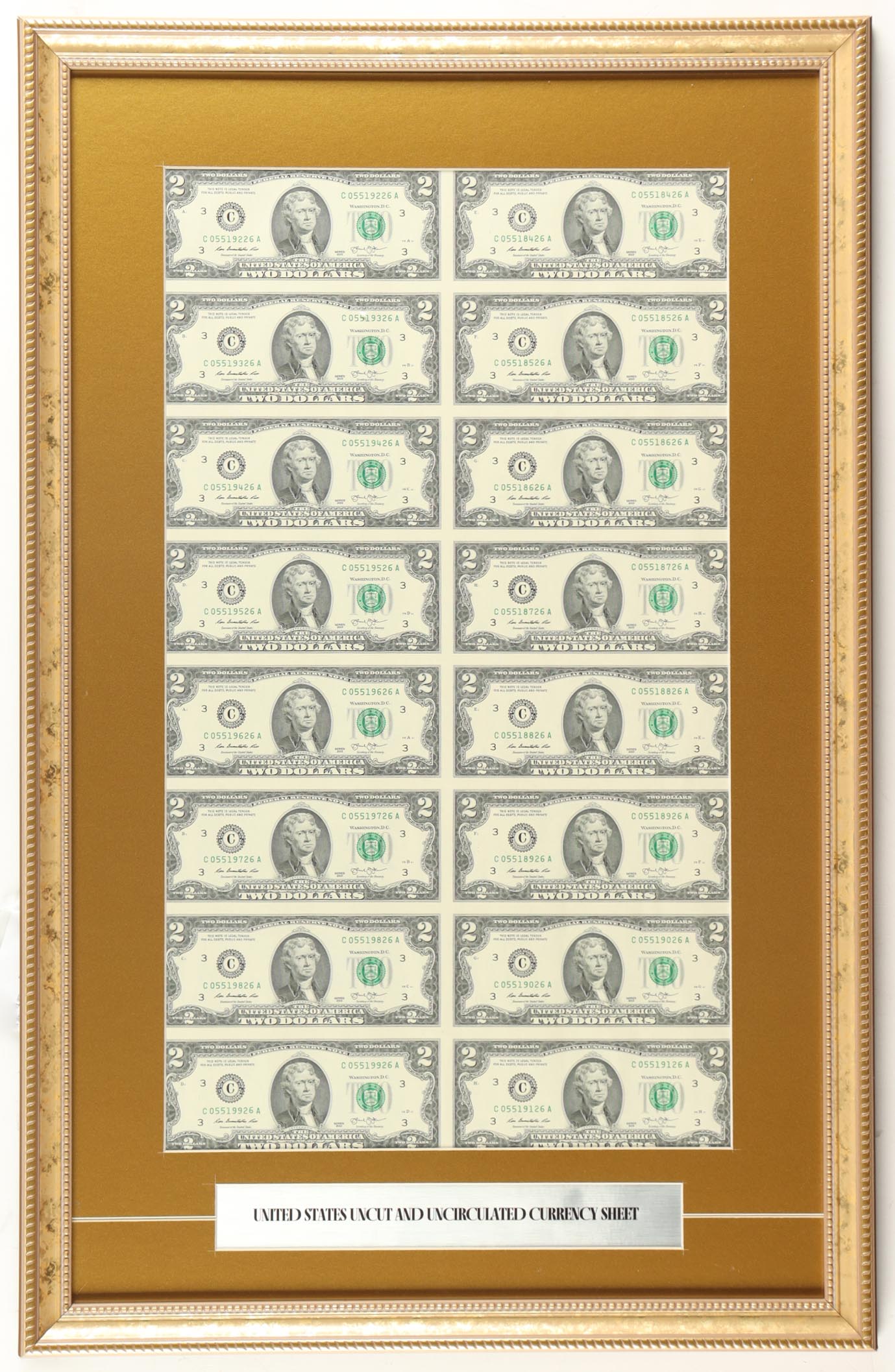 2013 U.S. $2 Dollar Bill Custom Framed Uncut Sheet Of (16) Bills with Title Plaque at PristineAuction.com 2013 U.S. $2 Dollar Bill Custom Framed Uncut Sheet Of (16) Bills with Title Plaque at PristineAuction.com