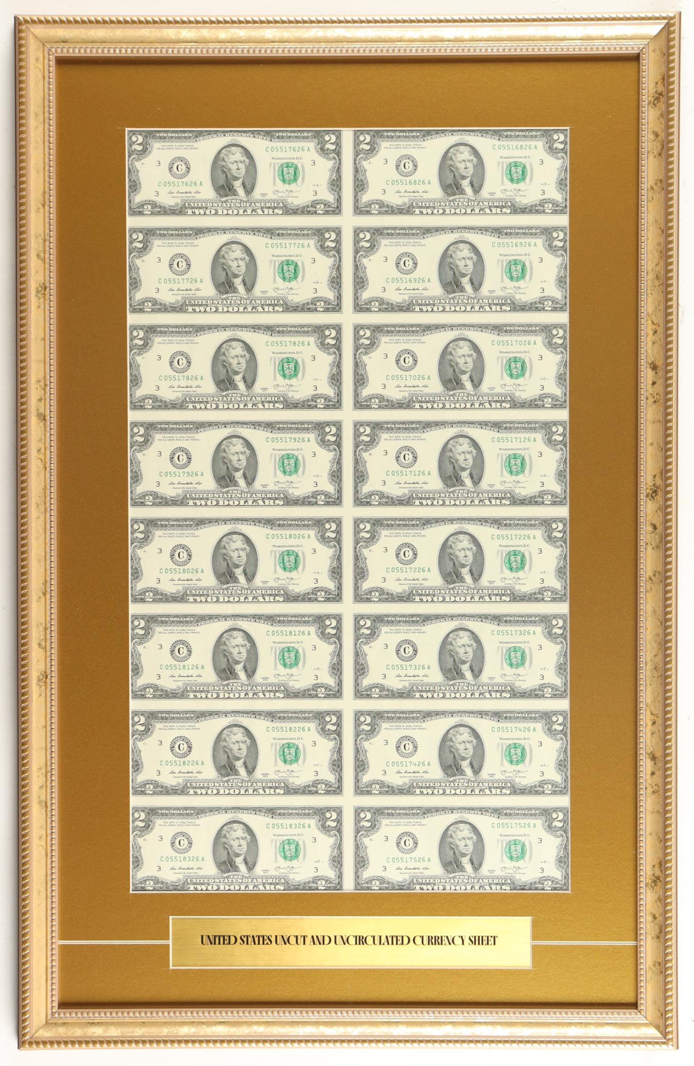2013 U.S. $2 Dollar Bill Custom Framed Uncut Sheet Of (16) Bills with Title Plaque at PristineAuction.com 2013 U.S. $2 Dollar Bill Custom Framed Uncut Sheet Of (16) Bills with Title Plaque at PristineAuction.com