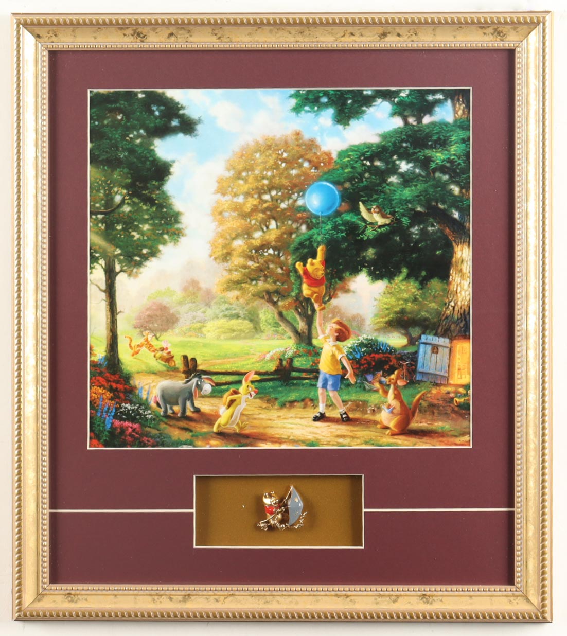 Thomas Kinkade "Winnie the Pooh" Custom Framed Print Display with Gold Pooh Figurine at PristineAuction.com Thomas Kinkade "Winnie the Pooh" Custom Framed Print Display with Gold Pooh Figurine at PristineAuction.com