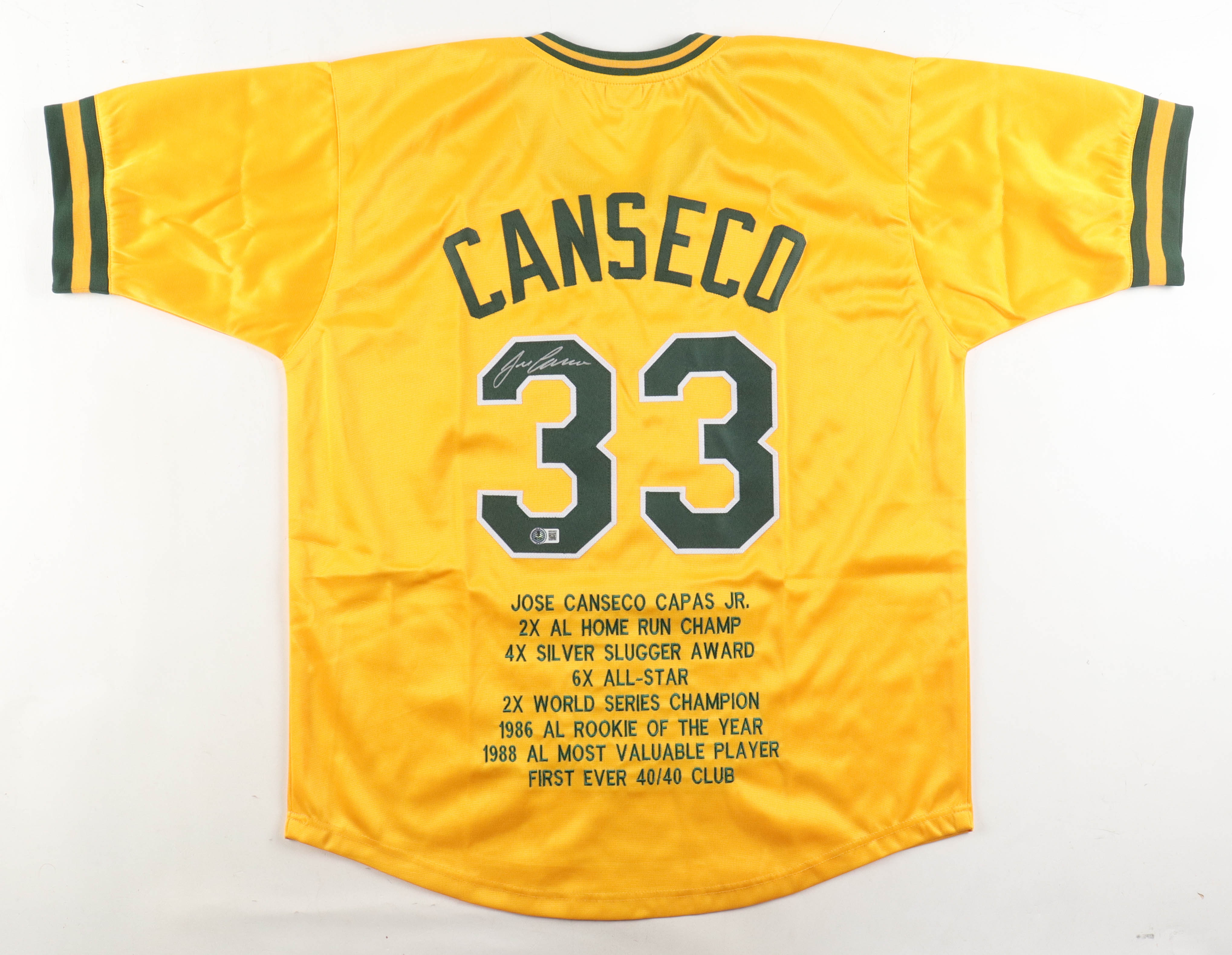 Jose Canseco Signed Career Highlight Stat Jersey (Beckett) at PristineAuction.com Jose Canseco Signed Career Highlight Stat Jersey (Beckett) at PristineAuction.com