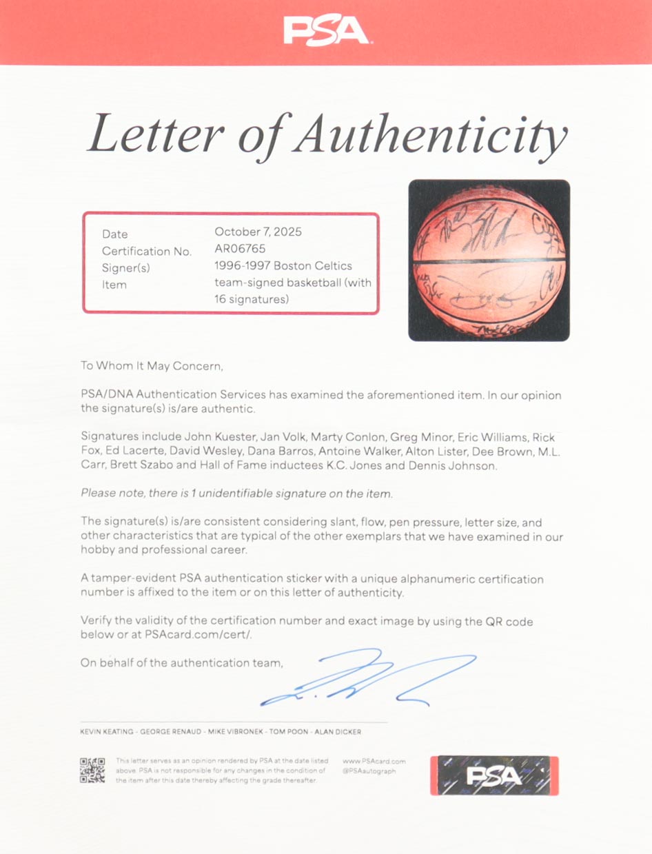 1996-97 Celtics NBA Basketball Team-Signed by (16) with K.C. Jones, Dennis Johnson, Jan Volk, & John Kuester with Display Case (PSA) at PristineAuction.com 1996-97 Celtics NBA Basketball Team-Signed by (16) with K.C. Jones, Dennis Johnson, Jan Volk, & John Kuester with Display Case (PSA) at PristineAuction.com