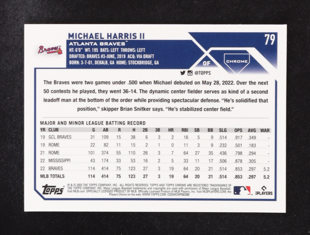 Michael Harris II 2023 Topps Chrome Refractor #79 RC at PristineAuction.com Michael Harris II 2023 Topps Chrome Refractor #79 RC at PristineAuction.com