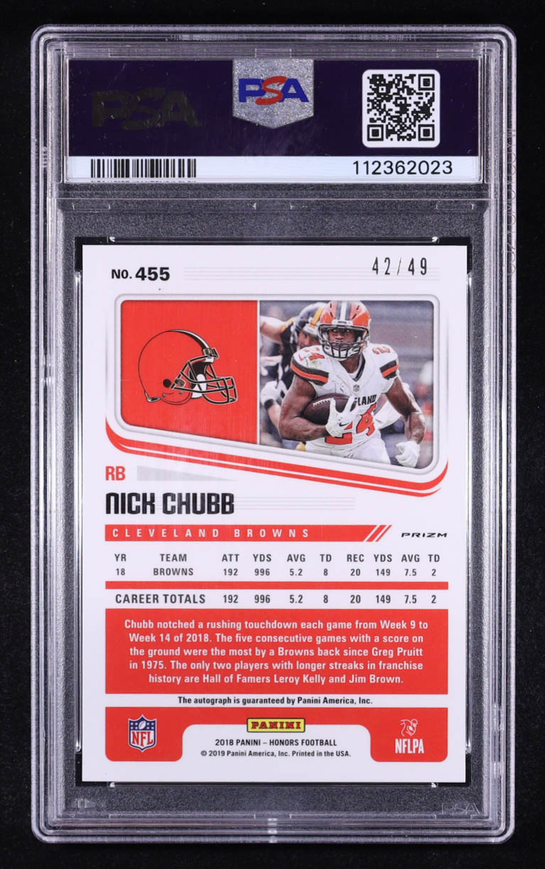 Nick Chubb 2018 Score Rookie Autographs Inserted in 2018 Panini Honors #455 #42/49 (PSA 10) at PristineAuction.com Nick Chubb 2018 Score Rookie Autographs Inserted in 2018 Panini Honors #455 #42/49 (PSA 10) at PristineAuction.com