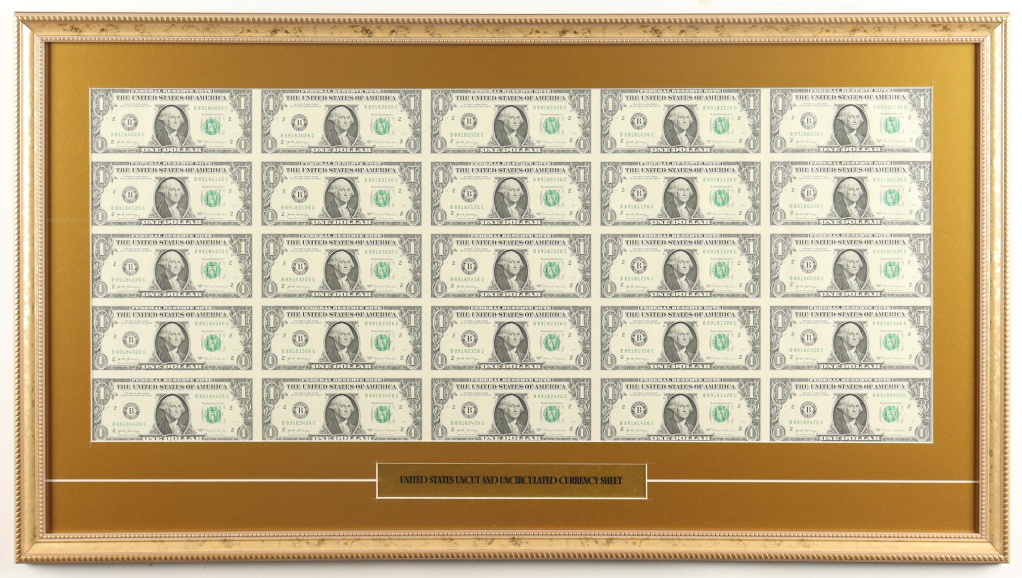 2017 U.S. $1 Dollar Bill Custom Framed Uncut Sheet Of (25) Bills with Title Plaque at PristineAuction.com 2017 U.S. $1 Dollar Bill Custom Framed Uncut Sheet Of (25) Bills with Title Plaque at PristineAuction.com