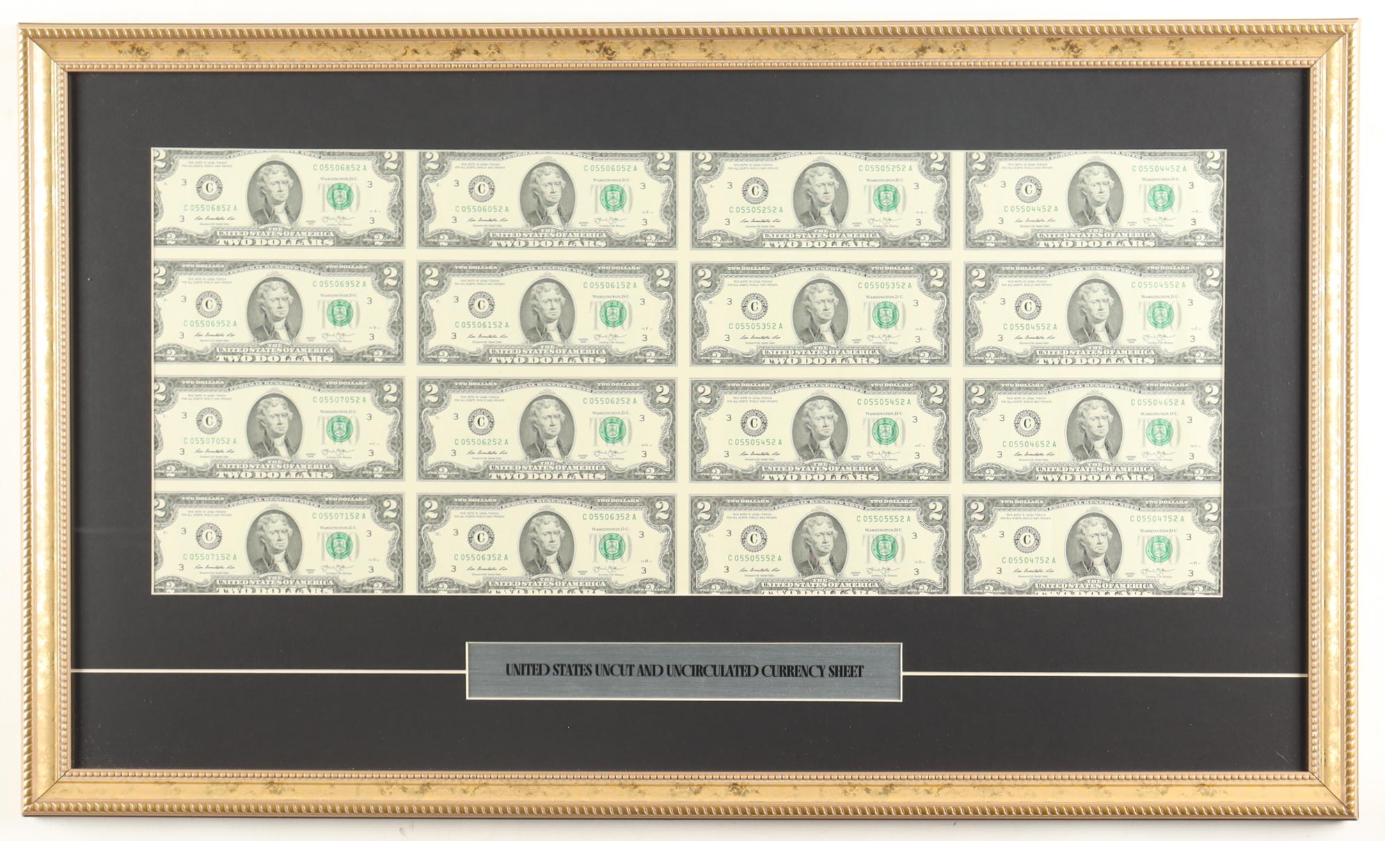 2013 U.S. $2 Dollar Bill Custom Framed Uncut Sheet Of (16) Bills with Title Plaque at PristineAuction.com 2013 U.S. $2 Dollar Bill Custom Framed Uncut Sheet Of (16) Bills with Title Plaque at PristineAuction.com
