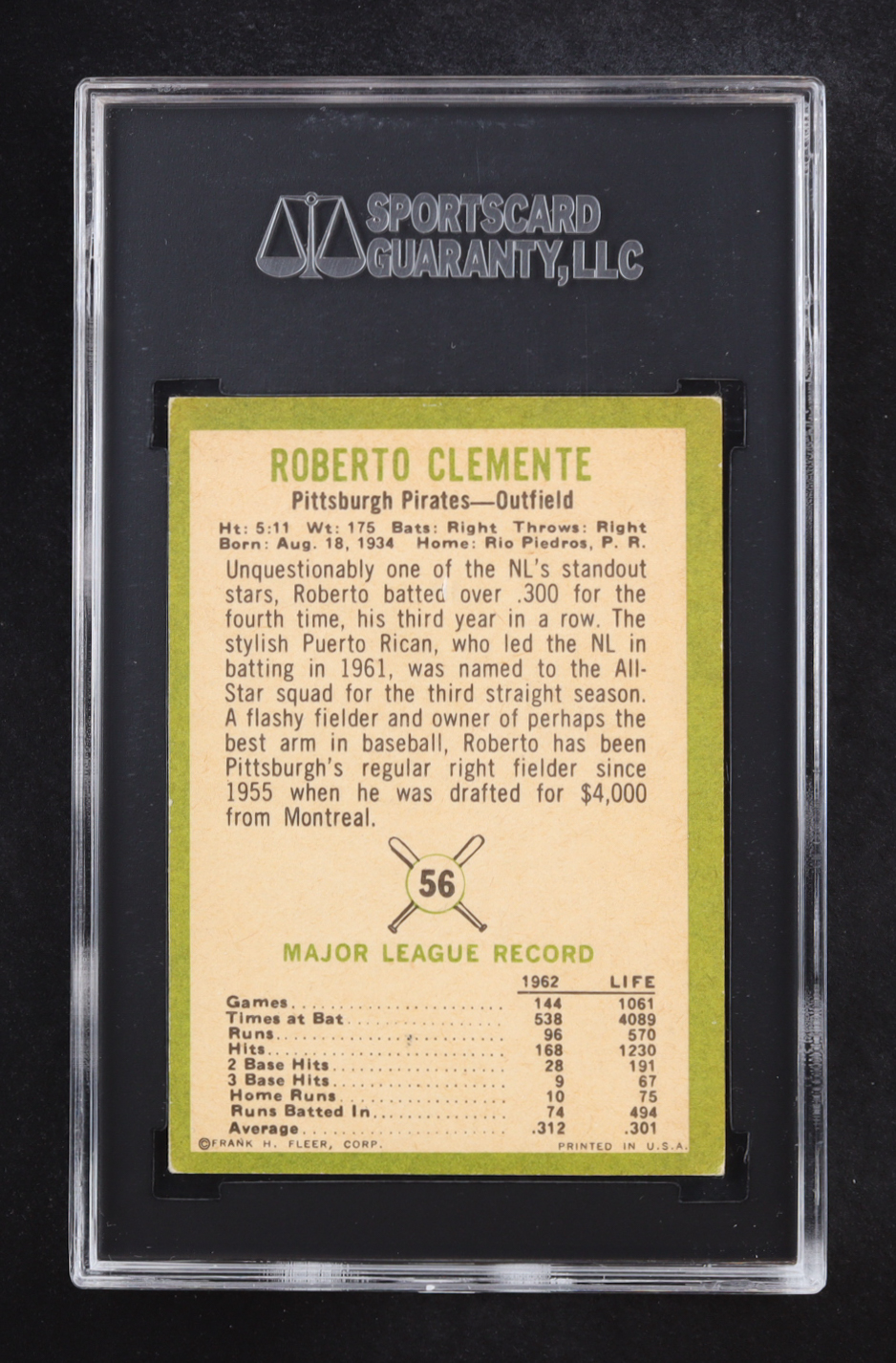 Roberto Clemente 1963 Fleer #56 (SGC 5) at PristineAuction.com Roberto Clemente 1963 Fleer #56 (SGC 5) at PristineAuction.com