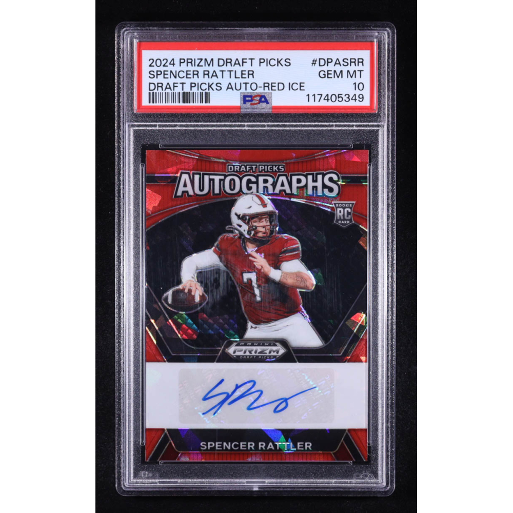 Spencer Rattler 2024 Panini Prizm Draft Picks Autographs Red Ice #80 RC (PSA 10) at PristineAuction.com