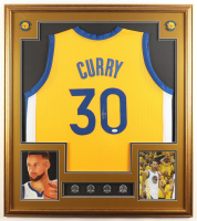 Stephen Curry Signed Custom Framed Jersey Display with (4) NBA Finals Pins & (2) Metal Team Logo Emblems (JSA) at PristineAuction.com