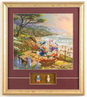 Thomas Kinkade "Donald & Daisy Duck at the Beach" Custom Framed Print Display with Vintage 1960 Donald & Daisy Disney Figurines at PristineAuction.com