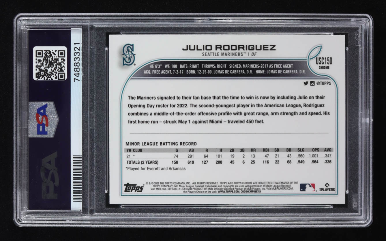 Julio Rodriguez  2022 Topps Chrome Update Pink Wave Refractors #USC150 RC (PSA 9) at PristineAuction.com Julio Rodriguez  2022 Topps Chrome Update Pink Wave Refractors #USC150 RC (PSA 9) at PristineAuction.com
