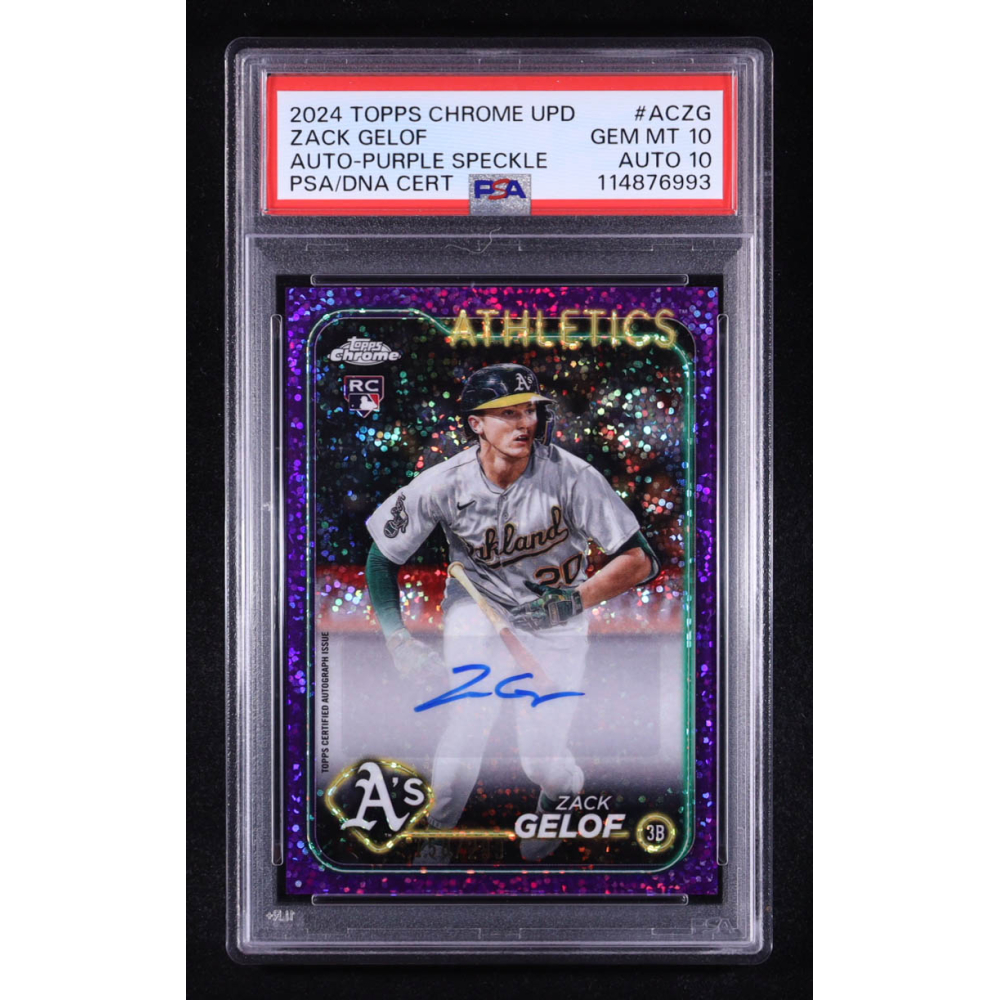 Zack Gelof 2024 Topps Chrome Update Autographs Purple Speckle Refractors #AC-ZG #158/299 (PSA 10 | Auto 10) at PristineAuction.com Zack Gelof 2024 Topps Chrome Update Autographs Purple Speckle Refractors #AC-ZG #158/299 (PSA 10 | Auto 10) at PristineAuction.com