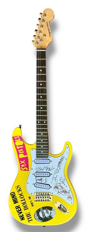 "Sex Pistols" Custom Stratocaster Guitar Band-Signed By (4) with John Lydon, Steve Jones, Glen Matlock & Paul Cook (JSA) at PristineAuction.com "Sex Pistols" Custom Stratocaster Guitar Band-Signed By (4) with John Lydon, Steve Jones, Glen Matlock & Paul Cook (JSA) at PristineAuction.com