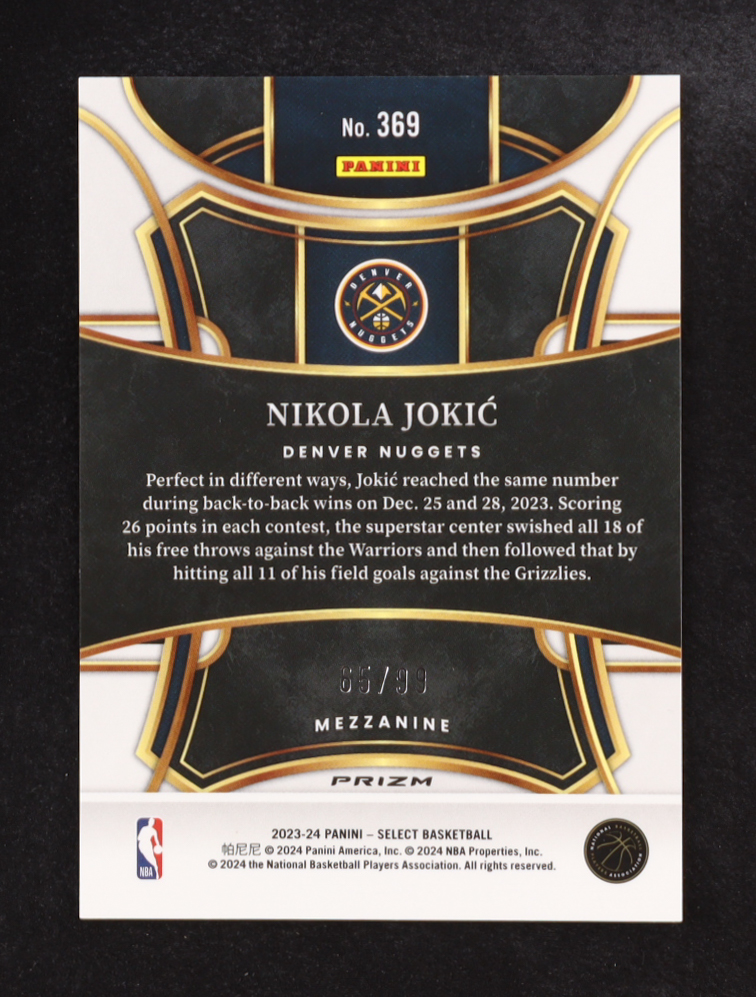 Nikola Jokic 2023-24 Panini Select Mezzanine Purple Cracked Ice Prizm #369 #65/99 at PristineAuction.com Nikola Jokic 2023-24 Panini Select Mezzanine Purple Cracked Ice Prizm #369 #65/99 at PristineAuction.com
