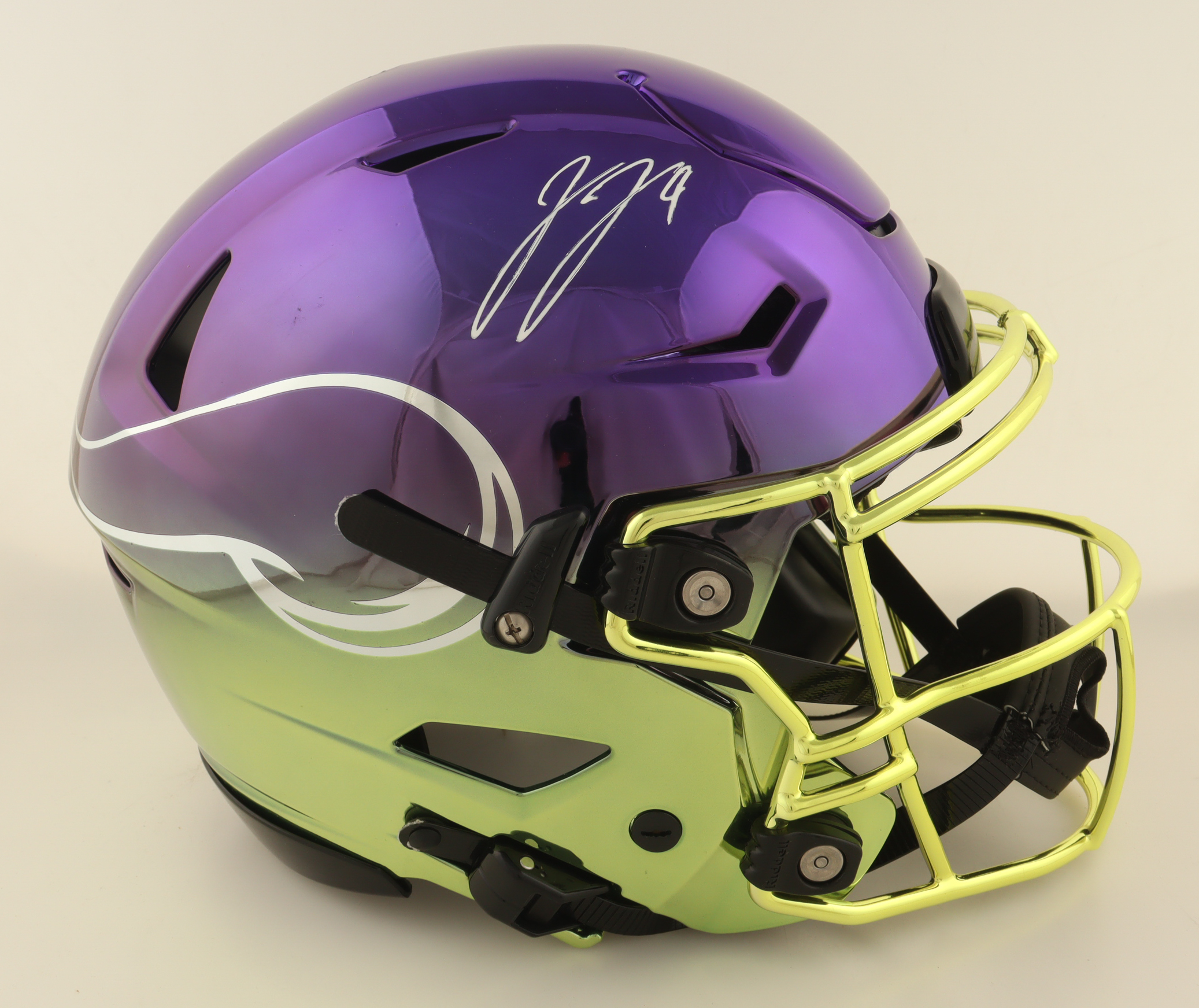 J.J. McCarthy Signed Custom Vikings Full-Size Authentic On-Field Speed Helmet with Visor (Beckett) at PristineAuction.com J.J. McCarthy Signed Custom Vikings Full-Size Authentic On-Field Speed Helmet with Visor (Beckett) at PristineAuction.com