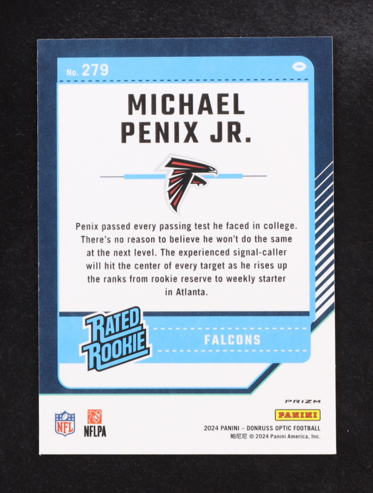 Michael Penix Jr. 2024 Panini Donruss Optic Prizm Blue Hyper Rated Rookie #279 RC at PristineAuction.com Michael Penix Jr. 2024 Panini Donruss Optic Prizm Blue Hyper Rated Rookie #279 RC at PristineAuction.com