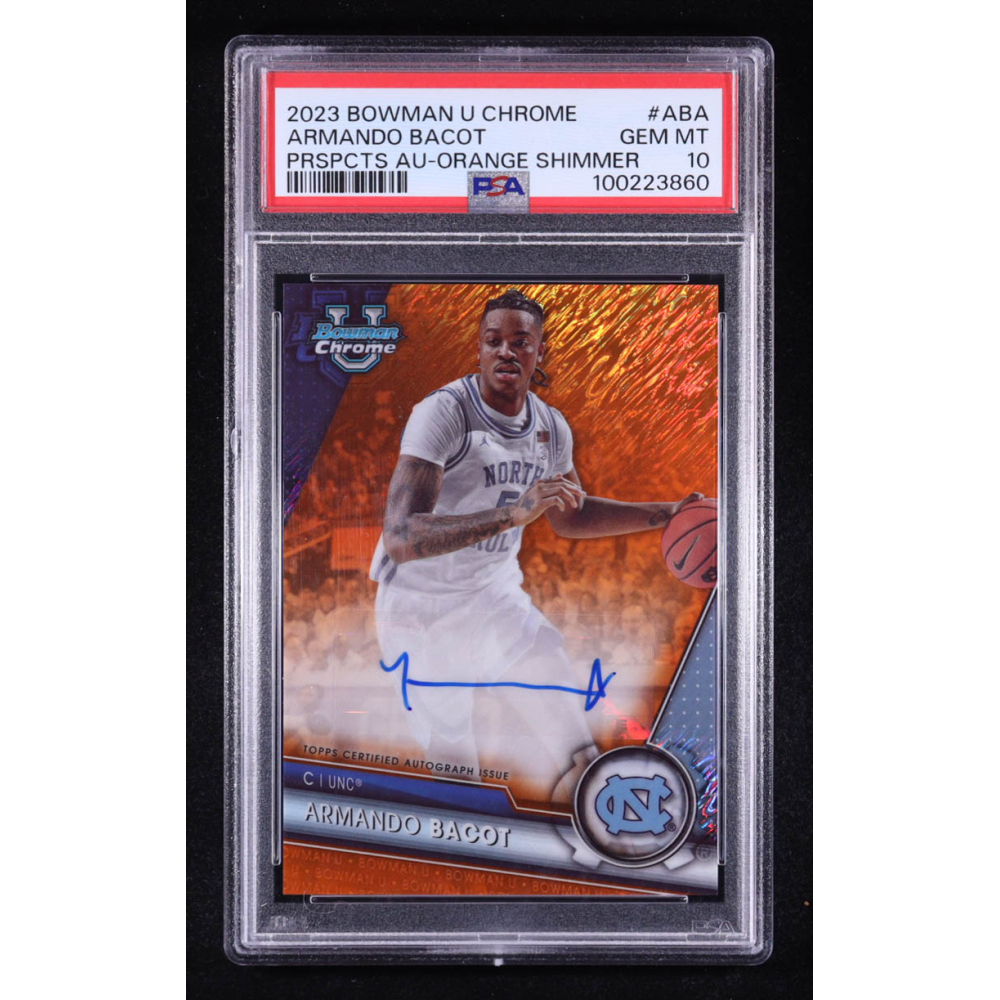 Armando Bacot 2023-24 Bowman Chrome University Prospect Autographs Orange Shimmer Refractors #BCPA-ABA #8/25 (PSA 10) at PristineAuction.com