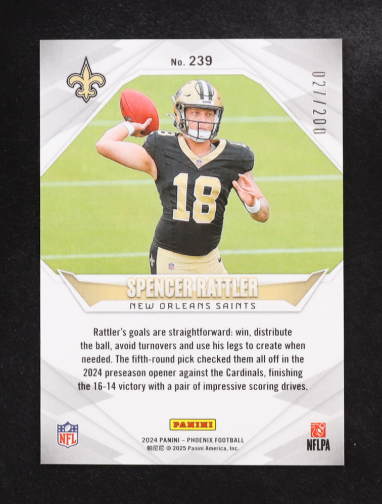 Spencer Rattler 2024 Panini Phoenix Pulsar #239 RC #027/200 at PristineAuction.com Spencer Rattler 2024 Panini Phoenix Pulsar #239 RC #027/200 at PristineAuction.com