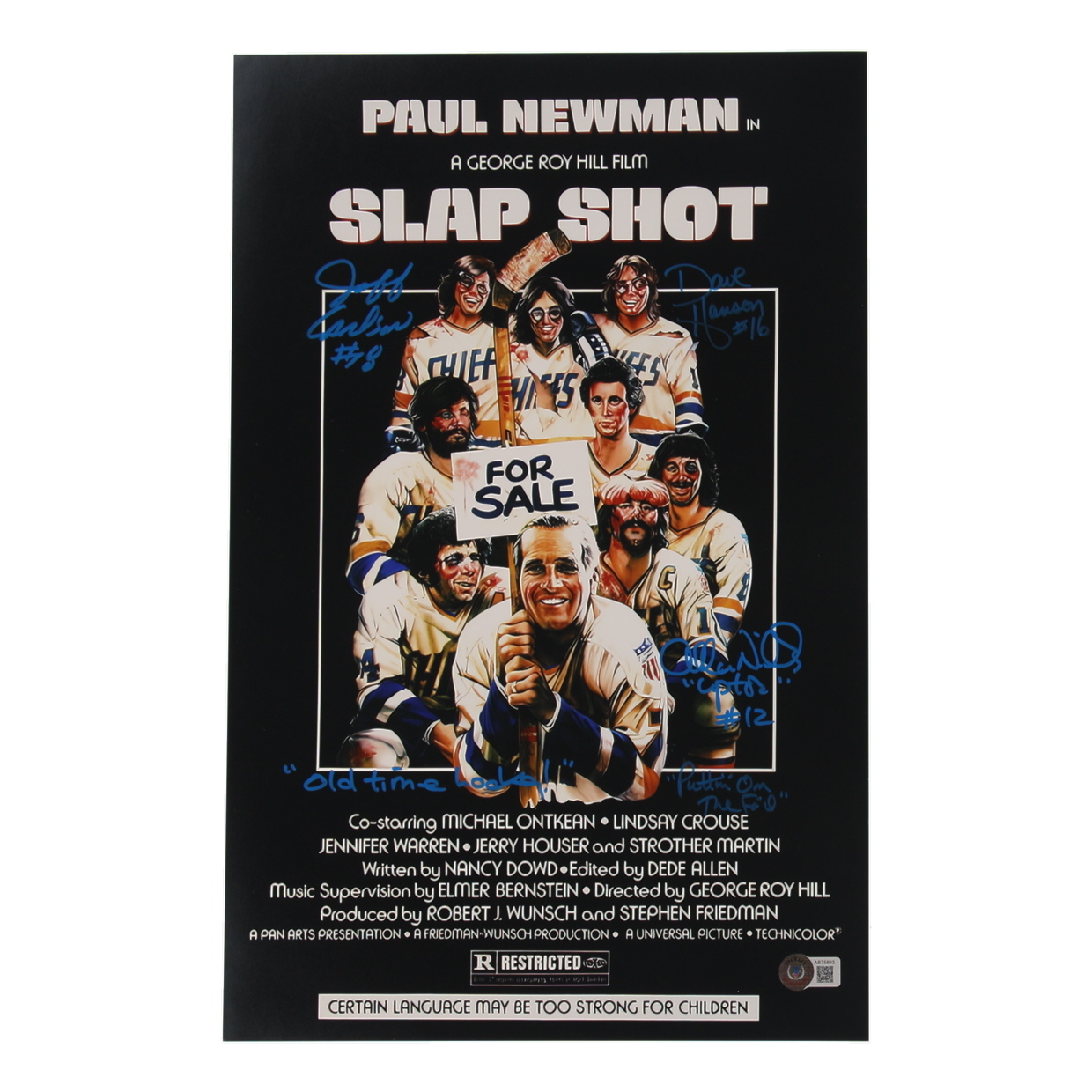 "Slap Shot" 11x17 Movie Poster Photo Signed By (3) with Jeff Carlson, David Hanson & Allan Nicholls With Character Inscriptions (Beckett) at PristineAuction.com "Slap Shot" 11x17 Movie Poster Photo Signed By (3) with Jeff Carlson, David Hanson & Allan Nicholls With Character Inscriptions (Beckett) at PristineAuction.com