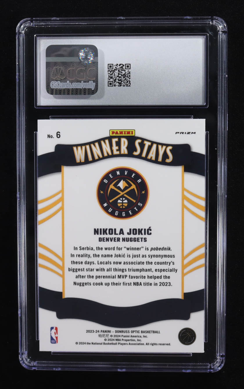 Nikola Jokic 2023-24 Donruss Optic Winner Stays Purple #6 (CGC 10) at PristineAuction.com Nikola Jokic 2023-24 Donruss Optic Winner Stays Purple #6 (CGC 10) at PristineAuction.com