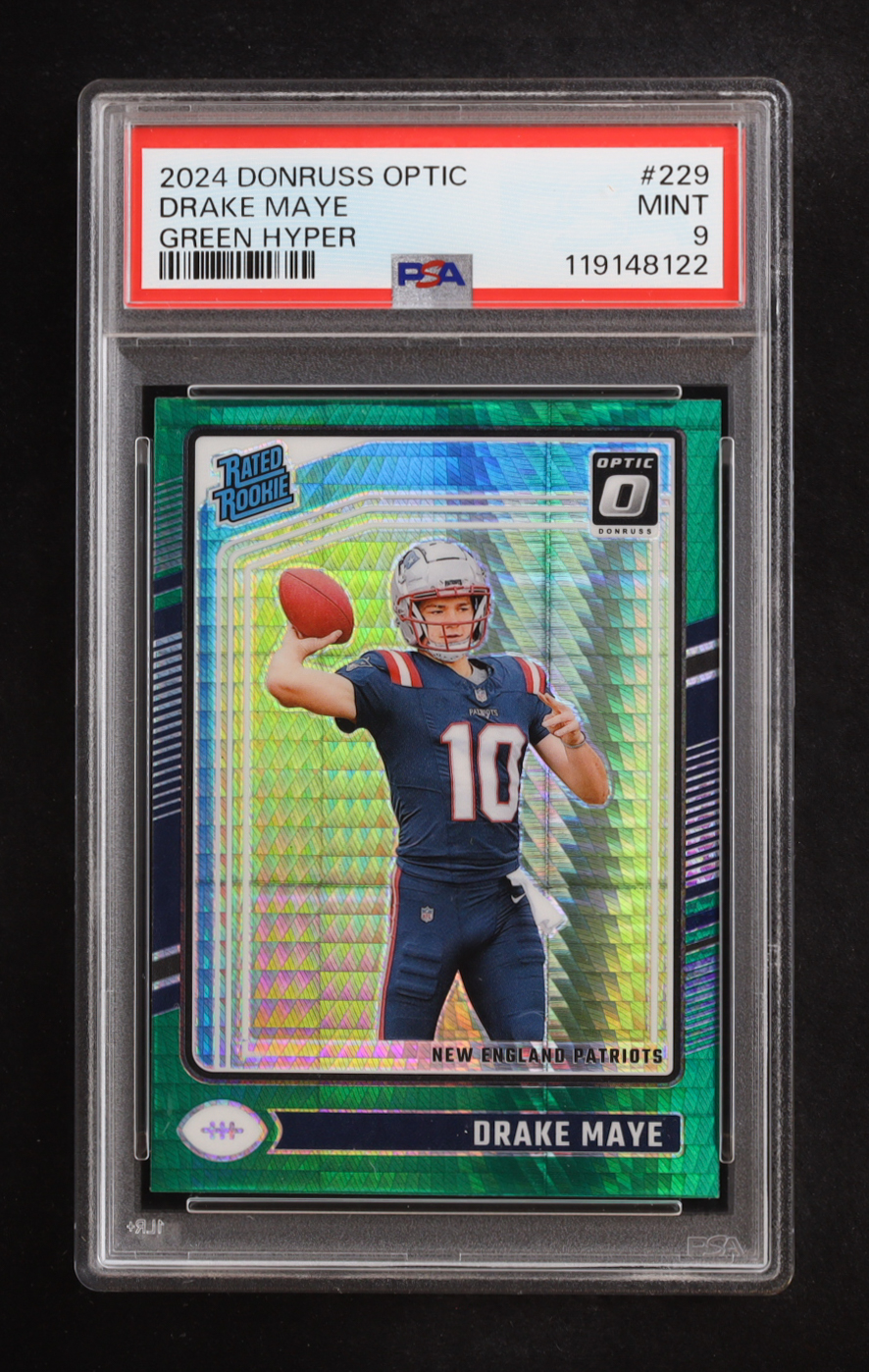 Drake Maye 2024 Donruss Optic Green Hyper #229 RC (PSA 9) at PristineAuction.com Drake Maye 2024 Donruss Optic Green Hyper #229 RC (PSA 9) at PristineAuction.com