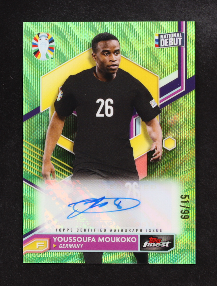 Youssoufa Moukoko 2023 Topps Finest National Debut Road To UEFA '24 Autograph Neon Green Refractors #BCA-YM #51/99 at PristineAuction.com Youssoufa Moukoko 2023 Topps Finest National Debut Road To UEFA '24 Autograph Neon Green Refractors #BCA-YM #51/99 at PristineAuction.com