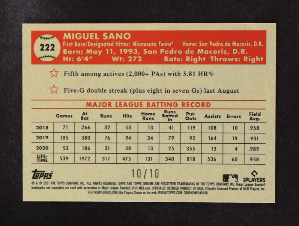 Miguel Sano 2021 Topps Chrome Platinum Black and Gold 70th Anniversary Refractors Autographs #222 #10/10 at PristineAuction.com Miguel Sano 2021 Topps Chrome Platinum Black and Gold 70th Anniversary Refractors Autographs #222 #10/10 at PristineAuction.com