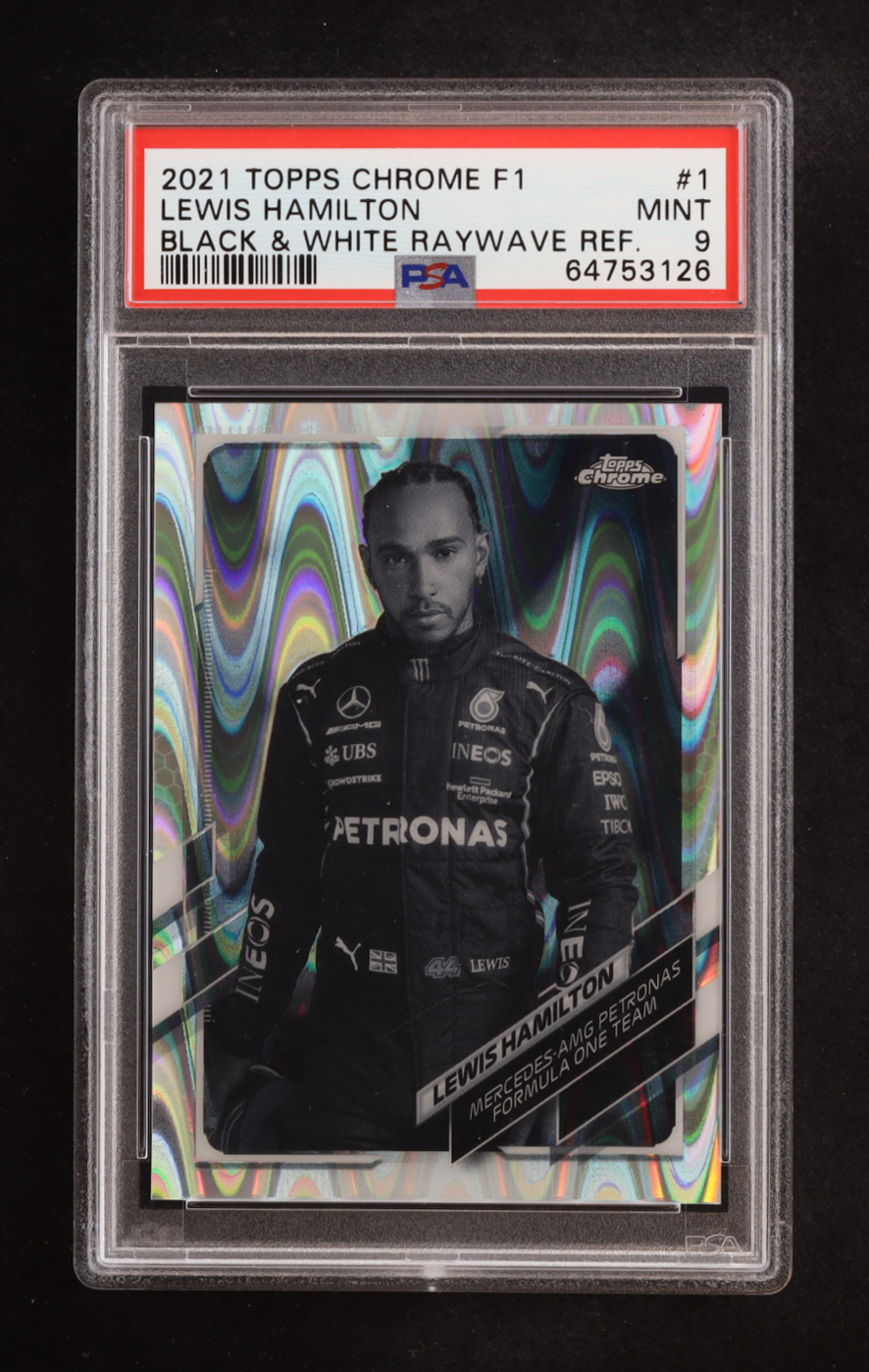 Lewis Hamilton 2021 Topps Chrome Formula 1 Black and White RayWave #1 (PSA 9) at PristineAuction.com Lewis Hamilton 2021 Topps Chrome Formula 1 Black and White RayWave #1 (PSA 9) at PristineAuction.com