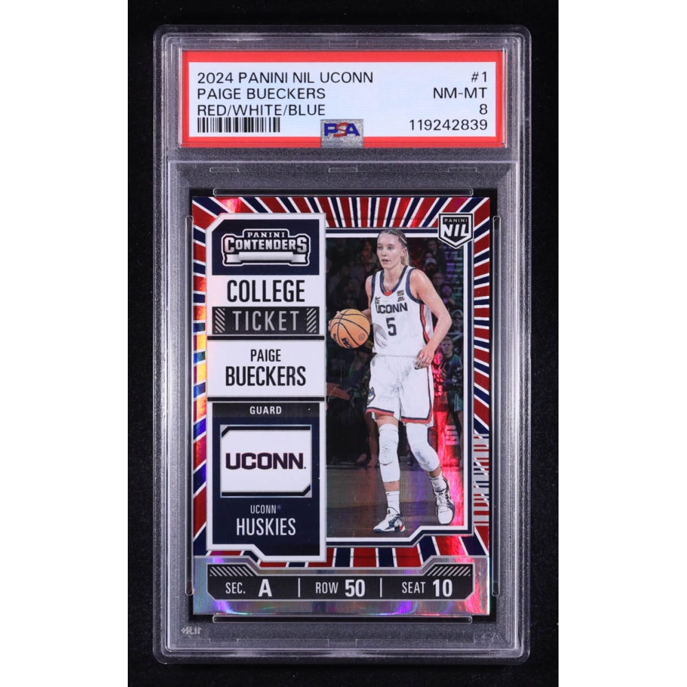 Paige Bueckers 2024-25 University of Connecticut Panini College Contenders Red White and Blue #1 (PSA 8) at PristineAuction.com Paige Bueckers 2024-25 University of Connecticut Panini College Contenders Red White and Blue #1 (PSA 8) at PristineAuction.com