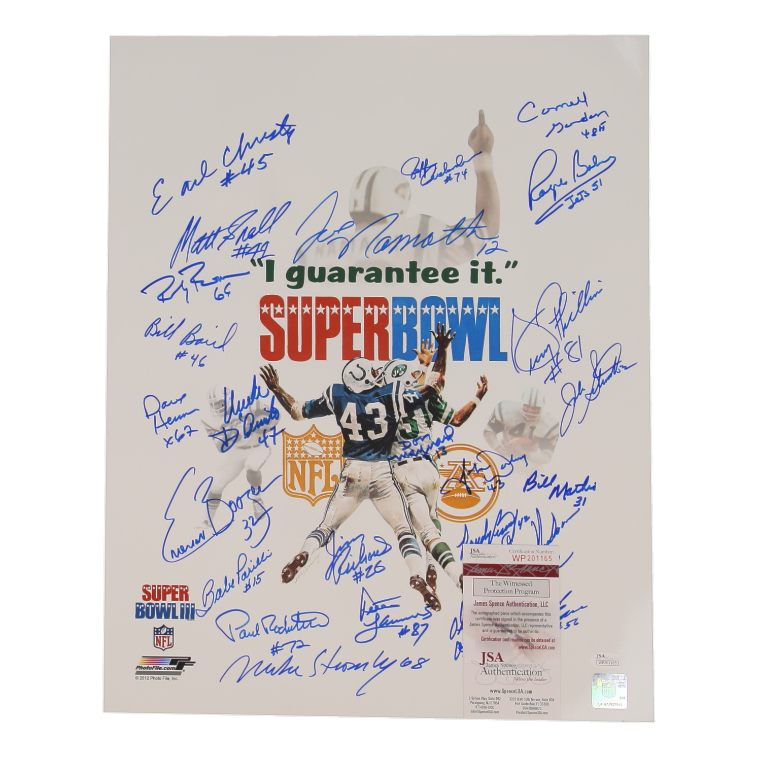 Jets Super Bowl III 16x20 Photo Team-Signed by (24) with Joe Namath, Don Maynard, Matts Snell, Gerry Philbin (JSA) at PristineAuction.com Jets Super Bowl III 16x20 Photo Team-Signed by (24) with Joe Namath, Don Maynard, Matts Snell, Gerry Philbin (JSA) at PristineAuction.com