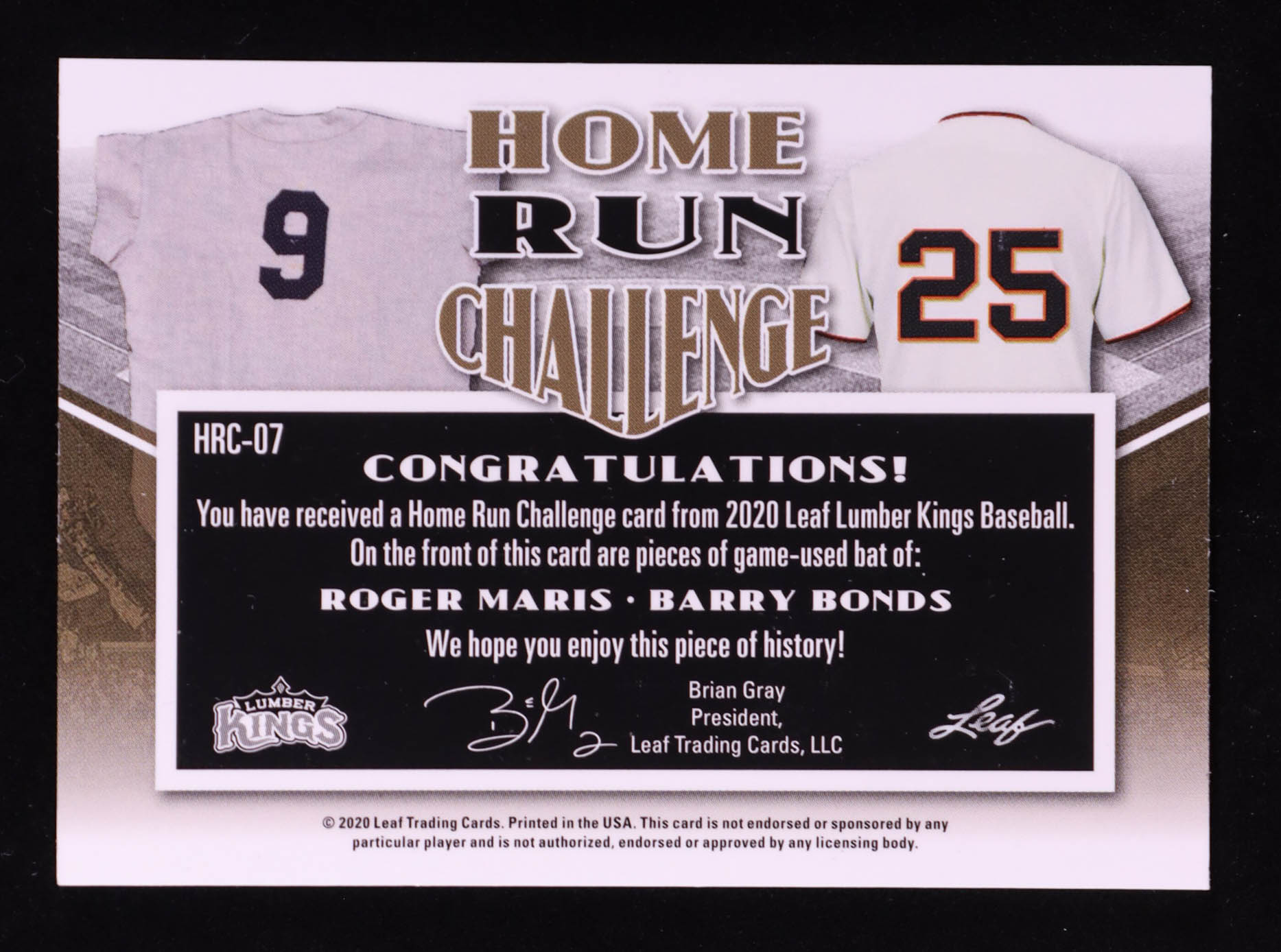 Roger Maris / Barry Bonds 2020 Leaf Lumber Kings Home Run Challenge #HRC07 #13/15 at PristineAuction.com Roger Maris / Barry Bonds 2020 Leaf Lumber Kings Home Run Challenge #HRC07 #13/15 at PristineAuction.com
