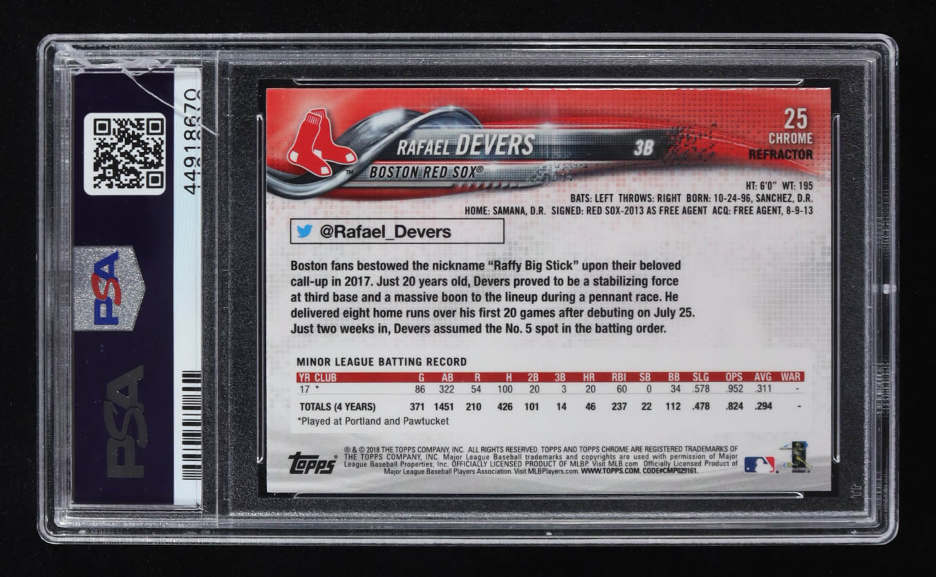 Rafael Devers 2018 Topps Chrome Sepia Refractors #25 RC (PSA 10) at PristineAuction.com Rafael Devers 2018 Topps Chrome Sepia Refractors #25 RC (PSA 10) at PristineAuction.com