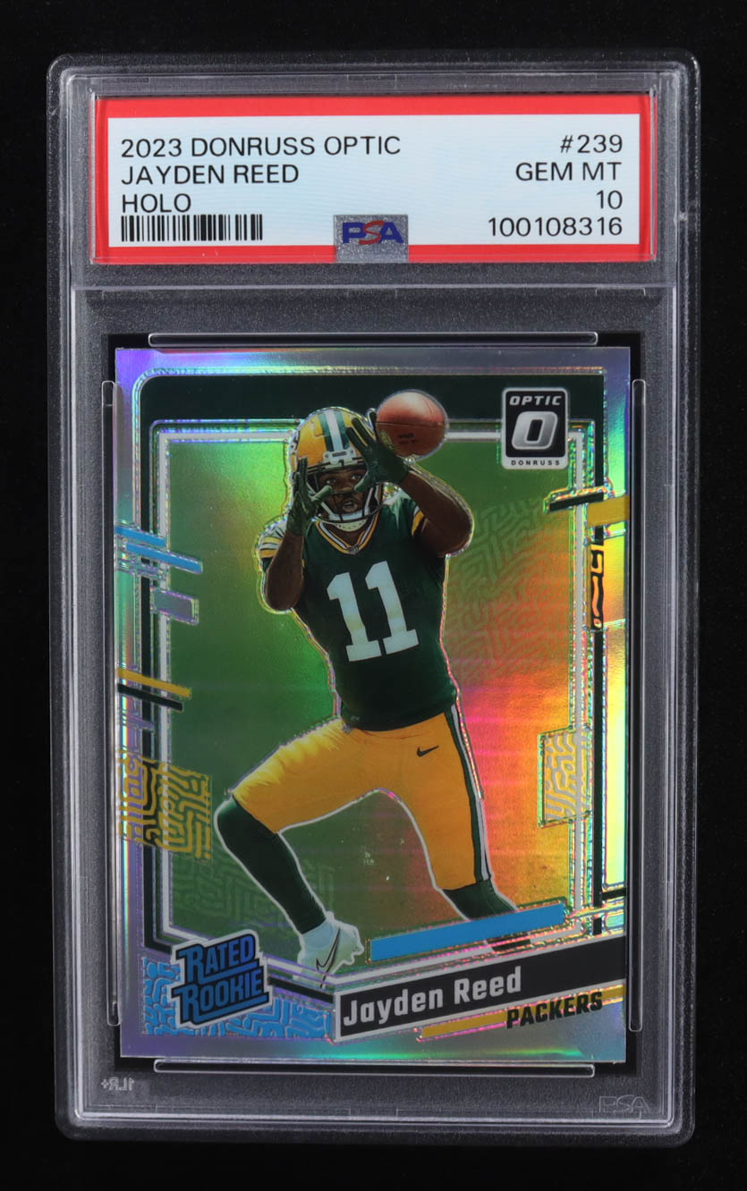 Jayden Reed 2023 Donruss Optic Holo #239 RR RC (PSA 10) at PristineAuction.com Jayden Reed 2023 Donruss Optic Holo #239 RR RC (PSA 10) at PristineAuction.com