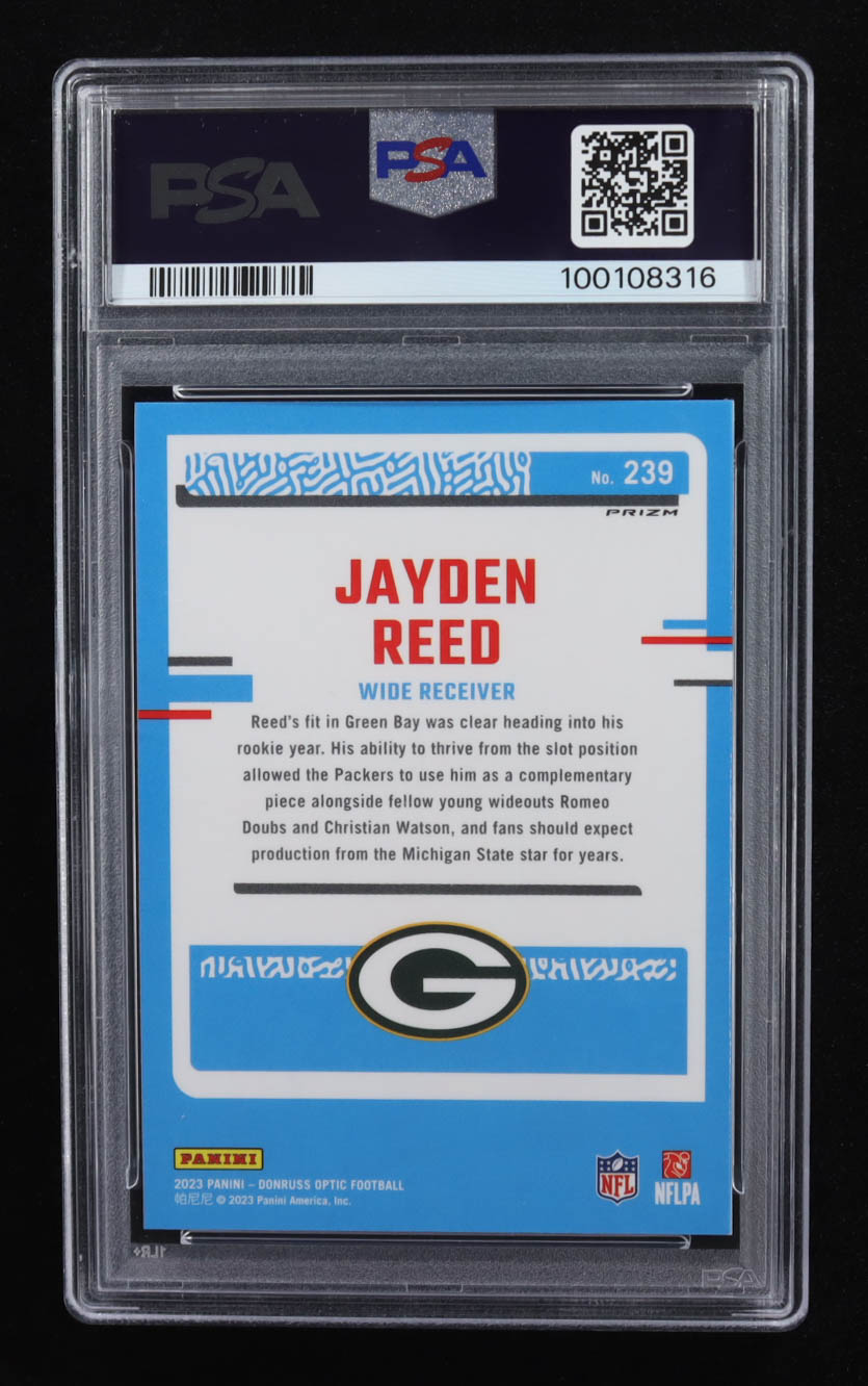 Jayden Reed 2023 Donruss Optic Holo #239 RR RC (PSA 10) at PristineAuction.com Jayden Reed 2023 Donruss Optic Holo #239 RR RC (PSA 10) at PristineAuction.com