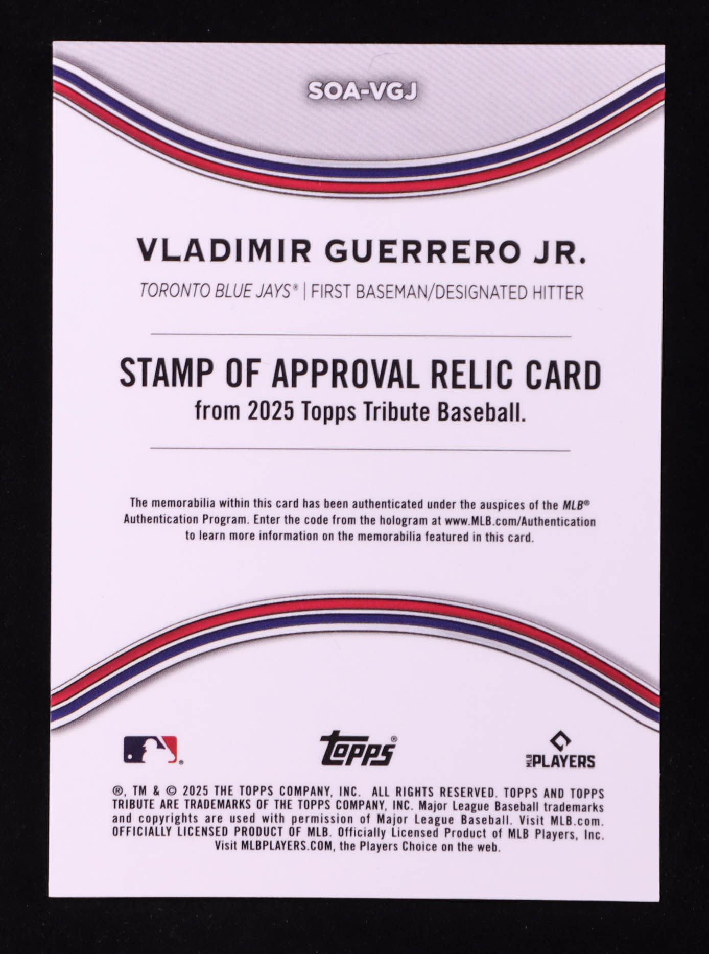 Vladimir Guerrero Jr. 2025 Topps Tribute Stamp of Approval Relics #SOAVGJ #187/199 at PristineAuction.com Vladimir Guerrero Jr. 2025 Topps Tribute Stamp of Approval Relics #SOAVGJ #187/199 at PristineAuction.com