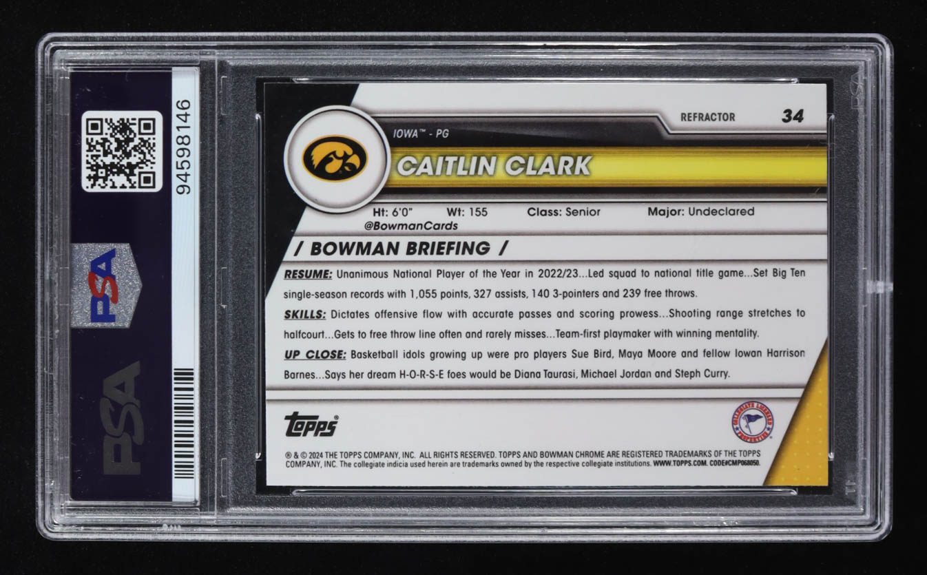 Caitlin Clark 2023 Bowman Chrome University Refractors #34 RC (PSA 10) at PristineAuction.com Caitlin Clark 2023 Bowman Chrome University Refractors #34 RC (PSA 10) at PristineAuction.com