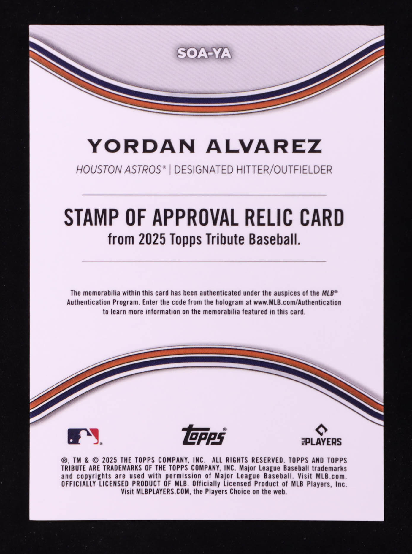Yordan Alvarez 2025 Topps Tribute Stamp of Approval Relics Green #SOAYA #55/99 at PristineAuction.com Yordan Alvarez 2025 Topps Tribute Stamp of Approval Relics Green #SOAYA #55/99 at PristineAuction.com