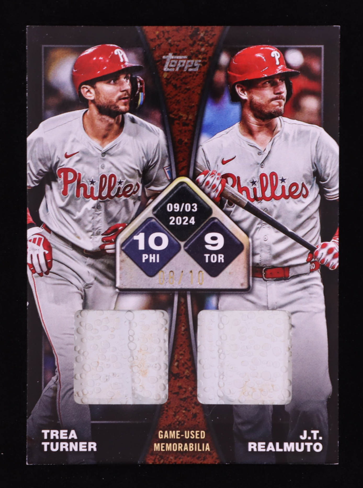 Trea Turner / J.T. Realmuto 2025 Topps Rounding the Bases Dual Relics Black #RTBDTR #08/10 at PristineAuction.com Trea Turner / J.T. Realmuto 2025 Topps Rounding the Bases Dual Relics Black #RTBDTR #08/10 at PristineAuction.com