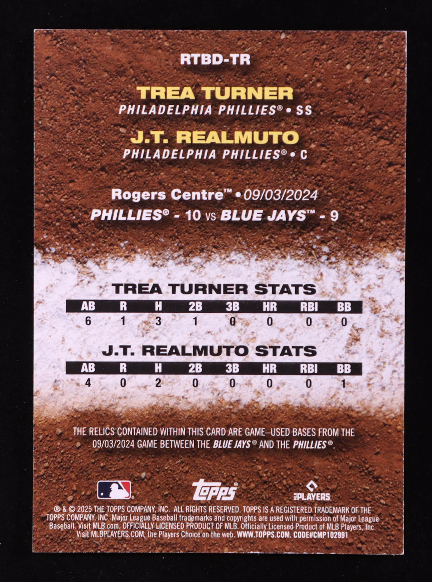 Trea Turner / J.T. Realmuto 2025 Topps Rounding the Bases Dual Relics Black #RTBDTR #08/10 at PristineAuction.com Trea Turner / J.T. Realmuto 2025 Topps Rounding the Bases Dual Relics Black #RTBDTR #08/10 at PristineAuction.com